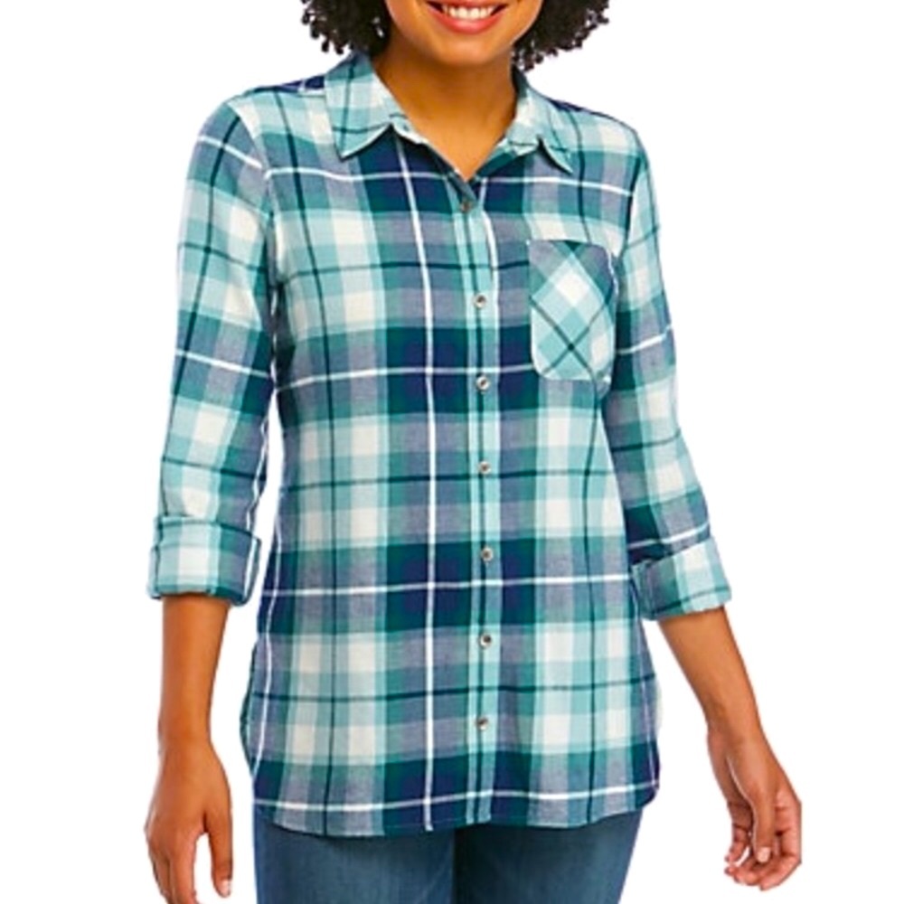 🔴CLEARANCE‼️ NWT🌲TURQUOISE GREEN-BLUE COTTON PLAID LONG SLEEVE SHIRT Women’s XS - Picture 1 of 6